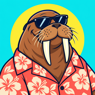 A smiling walrus in sunglasses and a coral Hawaiian shirt, ready for the weekend.